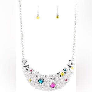 Costume Jewelry-Silver Necklace and Earring Set with Multicolor Gems